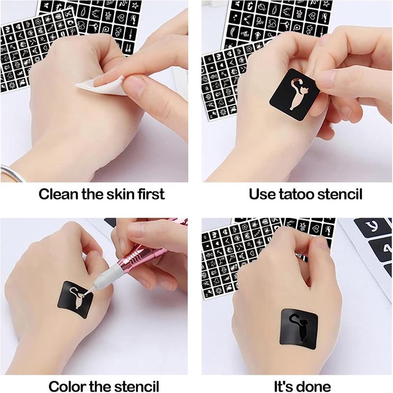 Henna Tattoo Stencil Kit 190pcs, 24 Sheets Henna Stencils Reusable Temporary Indian Arabian Glitter Airbrush Tattoo Stencils for Face Body Paint DIY