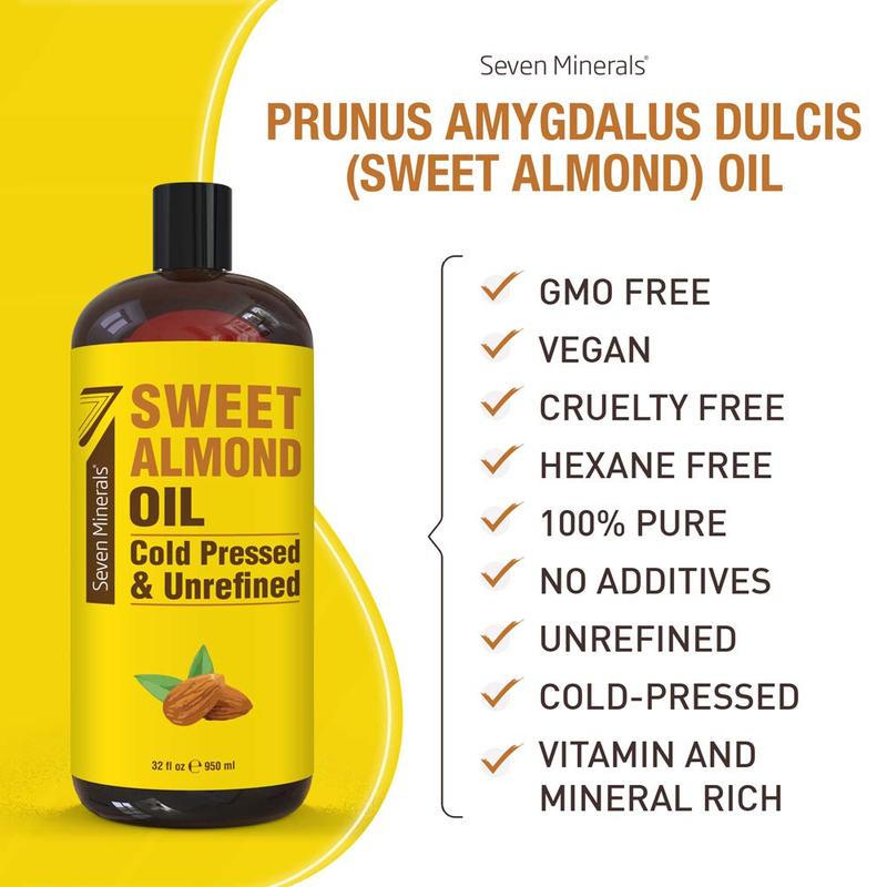 Seven Minerals, Pure Cold Pressed Sweet Almond 32oz Oil - Unrefined &100% Natural - For Moisturizer Skin & Nourishing Hair - Carrier Oil for Hydrating