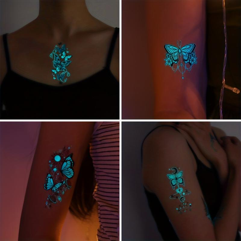 15 Sheets Glow-in-the-Dark Blue Luminous Butterfly Tattoo Stickers - Waterproof Temporary Tattoos with Feather, Deer, and Flower Patterns - Lasting 2-5 Days, Perfect for Shoulder, Finger, Wrist, Body, Clavicle, Arm, and Ankle Art for Women and Girls