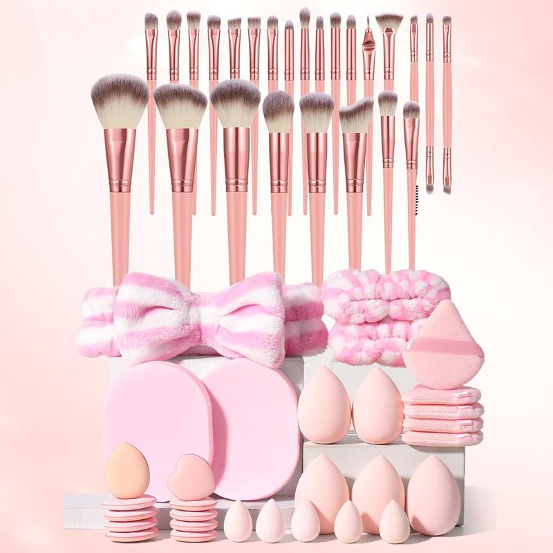 Makeup Tool Set, 55pcs set Including 25 Makeup Brushes & 10 Beauty Blenders & 15 Makeup Puff & 1 Headband 2 Wristbands and 2 Face Wash Sponges, Professional Makeup Tools for Beginners