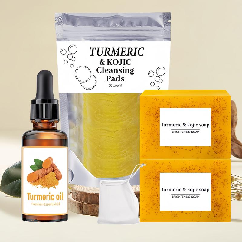 Turmeric Cleansing Kit, 2 Turmeric Soap Bars & 1 Turmeric Oil & 1 Turmeric Kojic Cleansing Pads, Daily Skincare Set, Christmas Gift