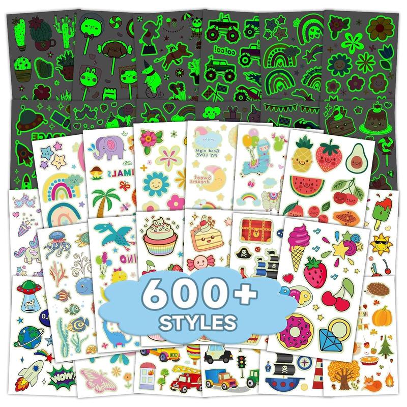 600+ Mix Styles Glow  Tattoos for Party Supplies,Luminous Temporary Tattoos Stickers for  , Tattoos  Birthday Party Favors (56 Sheets) Long Lasting Olive