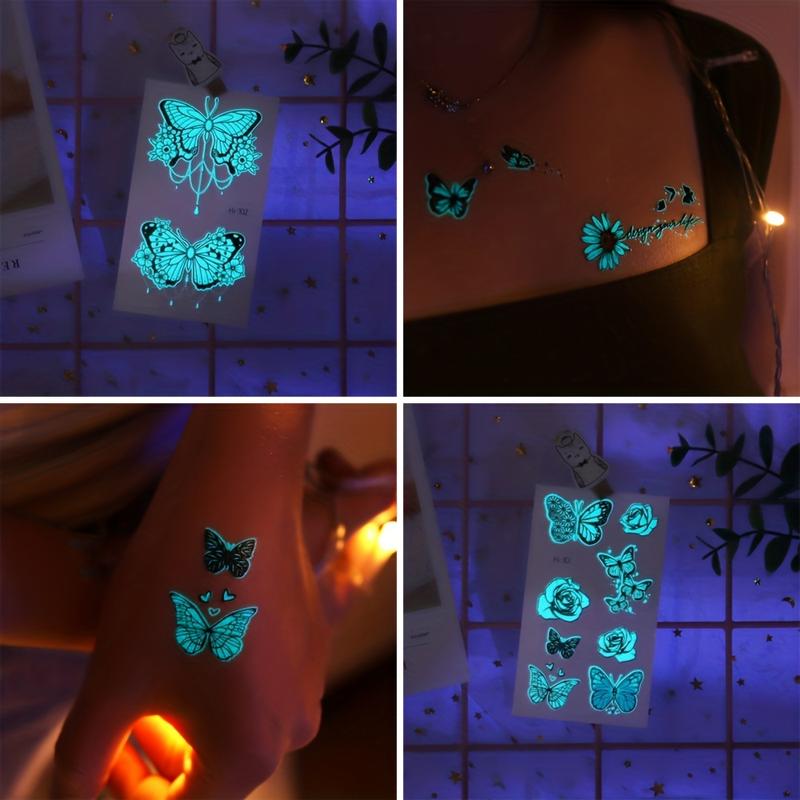 15 Sheets Glow-in-the-Dark Blue Luminous Butterfly Tattoo Stickers - Waterproof Temporary Tattoos with Feather, Deer, and Flower Patterns - Lasting 2-5 Days, Perfect for Shoulder, Finger, Wrist, Body, Clavicle, Arm, and Ankle Art for Women and Girls