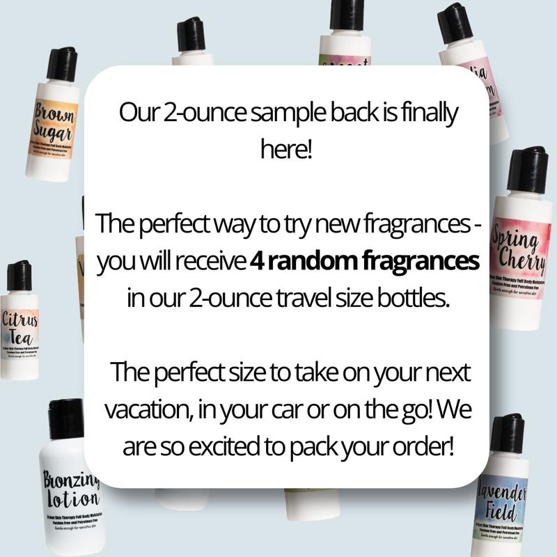 SAMPLE PACK (4 RANDOM FRAGRANCES) - The Lotion Company 2 ounce full body moisturizer lotions - travel size Body Care Comfort; Stocking Stuffer Scent Blend Calming