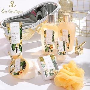 Bath and Body Care Spa Gift Baskets for Women Gift, 8 Pcs Vanilla Bath Sets, Bubble Bath Set, Vanilla Spa Kit