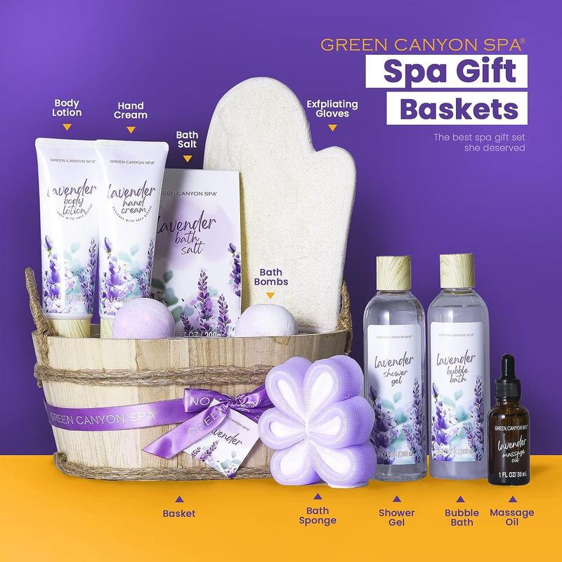 Spa Gift Baskets 11pcs Lavender Bath Gift Set with Body Lotion, Essential Oil, Relaxing Spa Baskets for Women, Birthday Gifts, Valentines Gift for Girlfriend Body Care Exfoliant Scent Comfort Mother's Day Gift